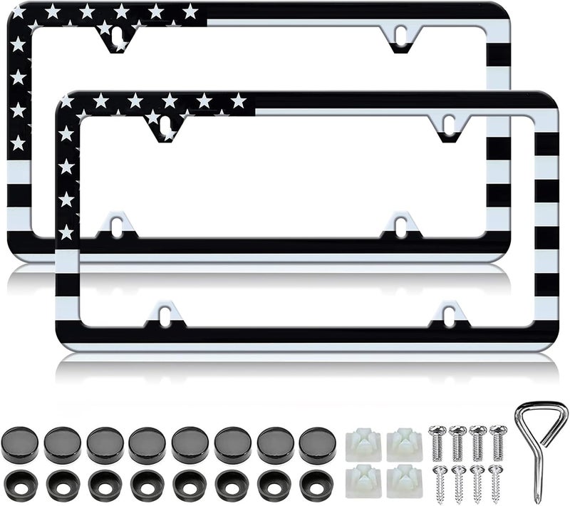 LIN KANG Black American Flag License Plate Frame - 2 Pack Stainless Steel Classic Patriotic USA Flag License Plate Holder Cover Rust-Proof Auto Parts Decoration with Screws 4 Holes - Image 1